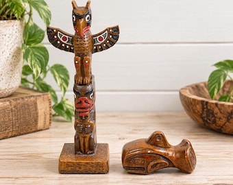 Boma Canada Totem Pole and Whale Figurines, West Coast Souvenir Decor