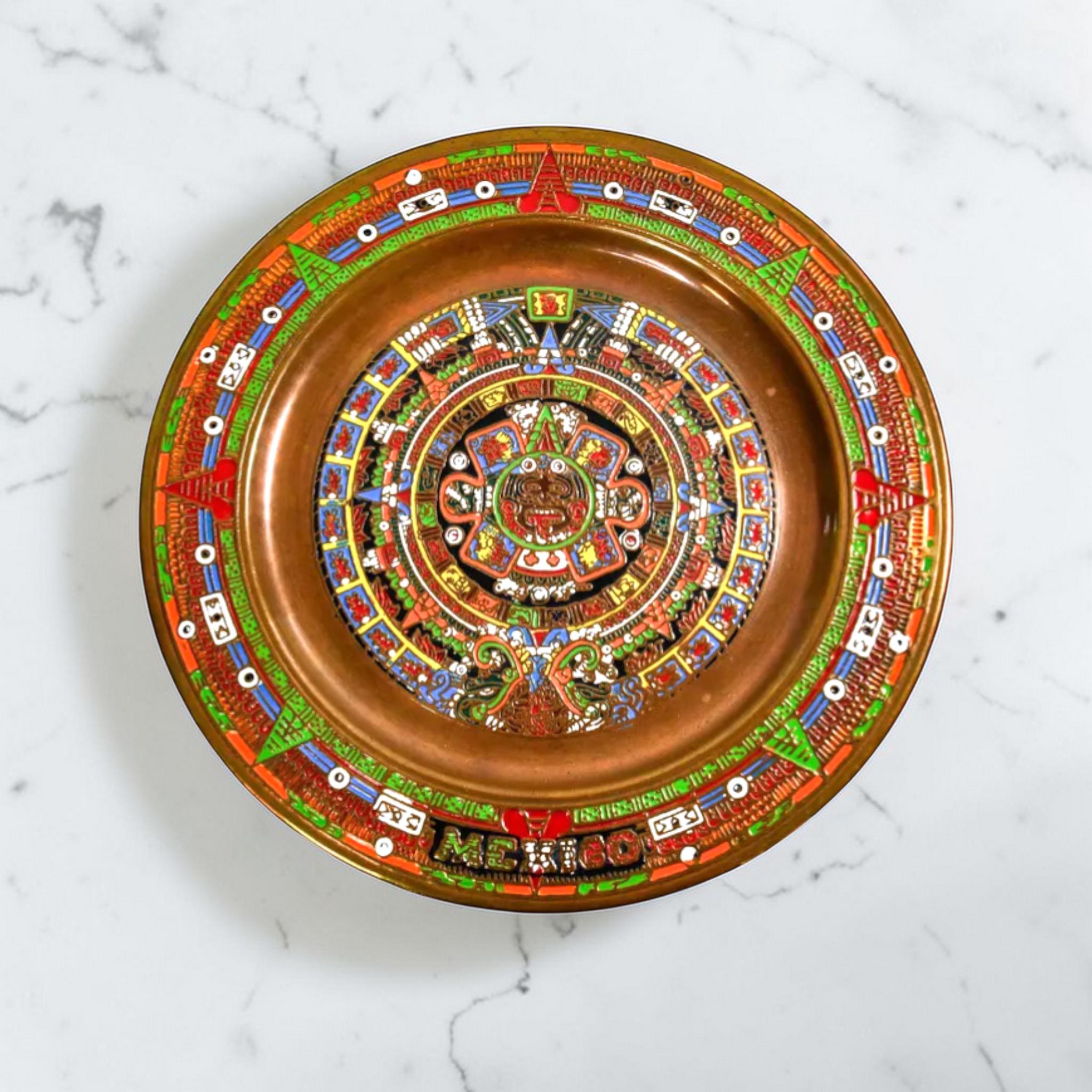 Vintage Mexican Copper Aztec Calendar Wall Plate, Enamel Decor, 8 Inch ...