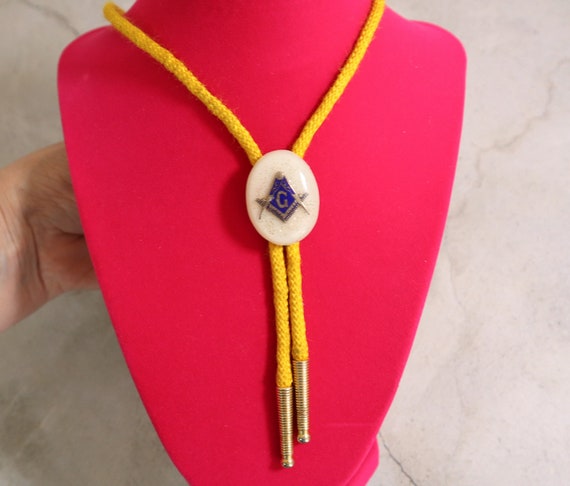 Vintage Masonic Bolo Tie | Yellow Cord | Metal En… - image 2