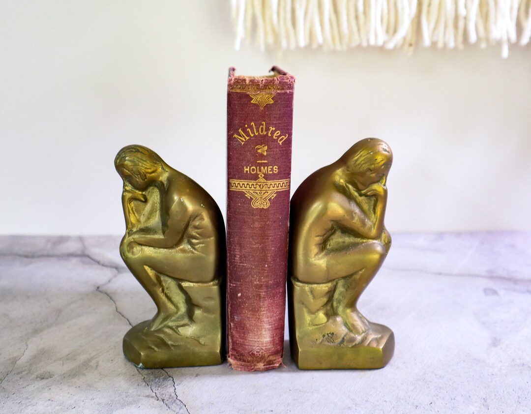 Vintage the Thinker Bookends Small Brass Coated Plaster Book Etsy
