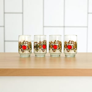 Vintage Mid Century Juice Glasses – Set of 4, Harvest Pattern, 6 oz Retro Tumblers, Fall Fruit Design
