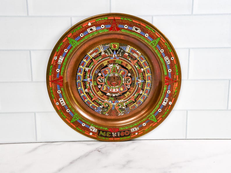 Vintage Mexican Copper Aztec Calendar Wall Plate, Enamel Decor, 8 Inch ...