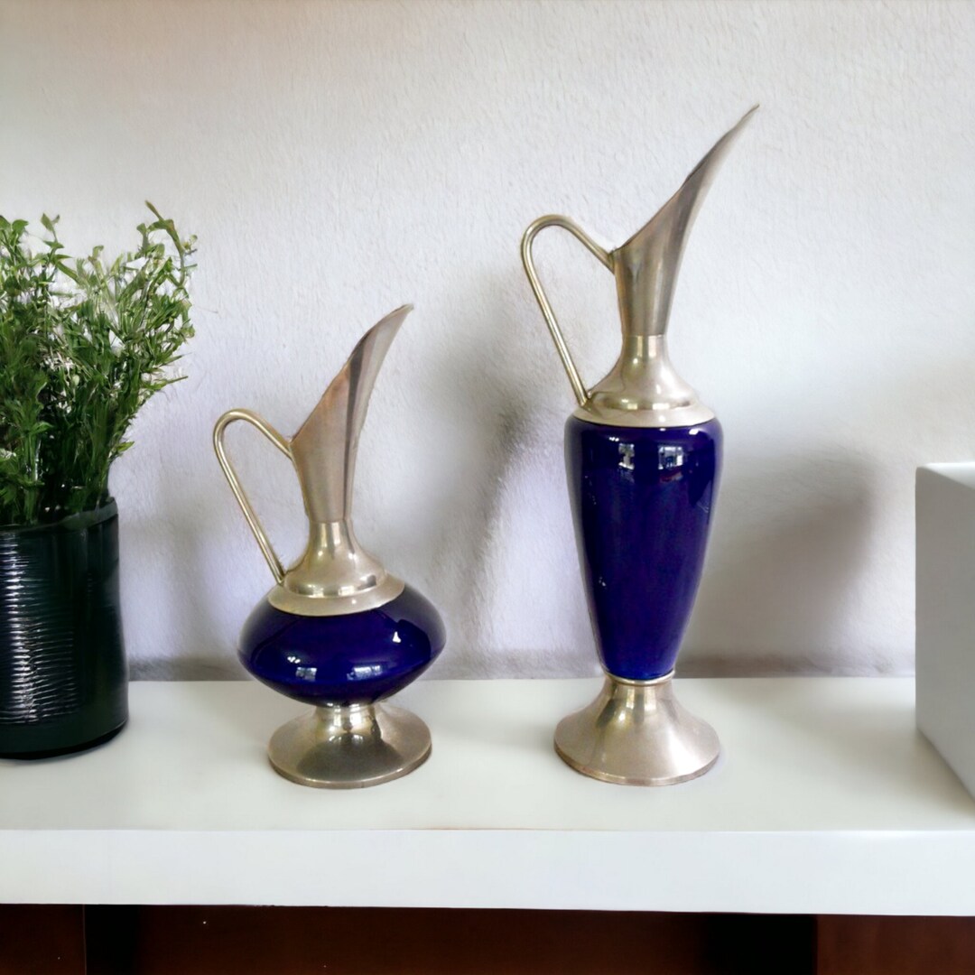 Pewter and Cobalt Blue Ceramic Pitcher Vase Set Vintage Vases Etsy