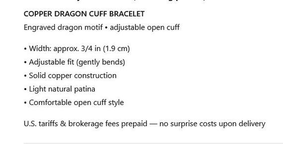 Copper Dragon Cuff Bracelet – Adjustable Engraved… - image 2