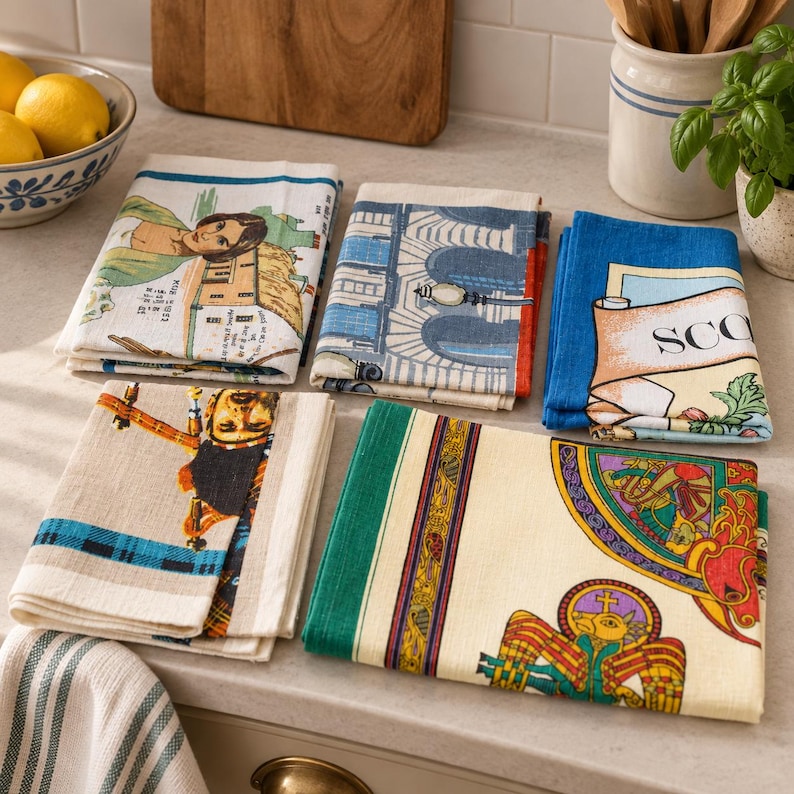 Puede incluir: Una colecci&oacute;n de cinco pa&ntilde;os de cocina rectangulares plegados con varios dise&ntilde;os impresos, incluyendo una persona cerca de un edificio, un arco arquitect&oacute;nico, una pancarta azul con el texto SCO, un gaitero y una colorida ilustraci&oacute;n de estilo celta.