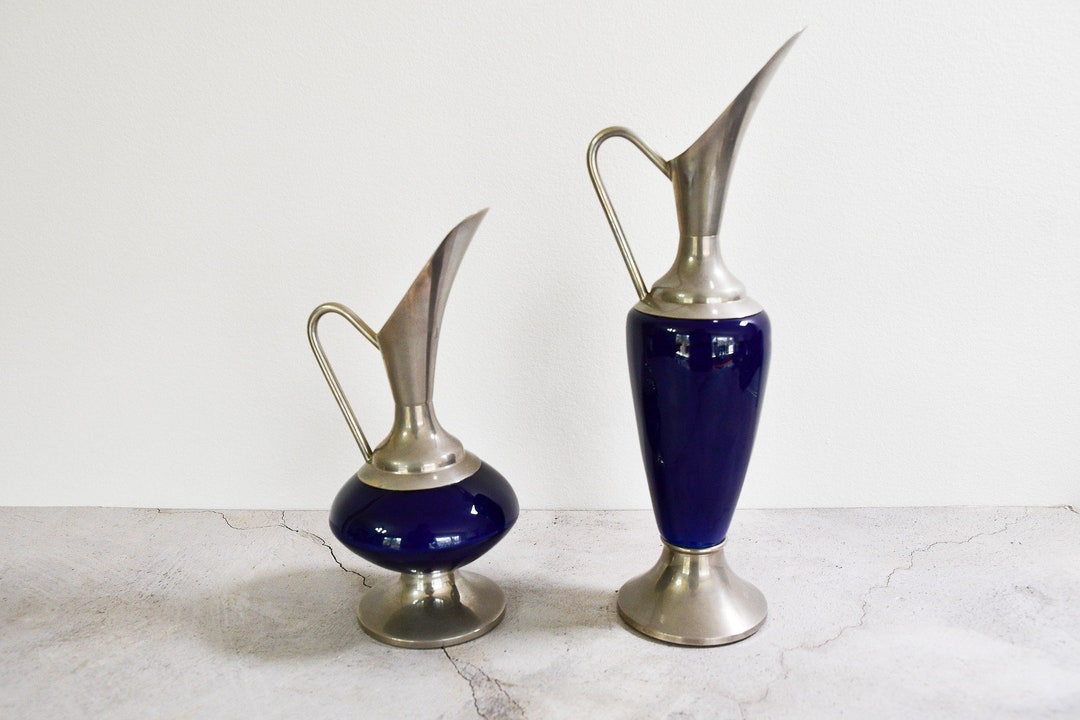 Pewter and Cobalt Blue Ceramic Pitcher Vase Set Vintage Etsy