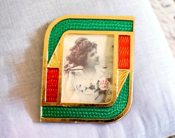 Cloisonne Enamel Picture Frame Brooch | Gold Photo Frame Pin