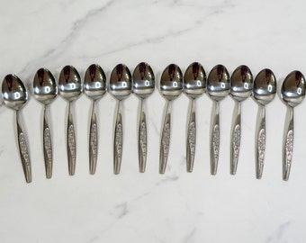 Vintage Stainless Steel Teaspoons | Tea Spoon Set of 12 | JAPAN "Embrace" Floral Pattern