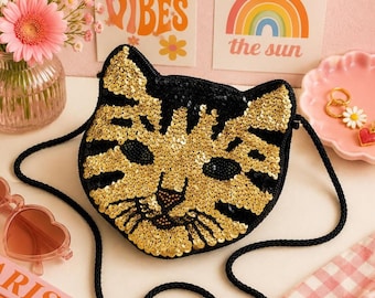 Beaded Cat Face Purse, Black Gold Sequin Shoulder Bag, Novelty Kitty Handbag