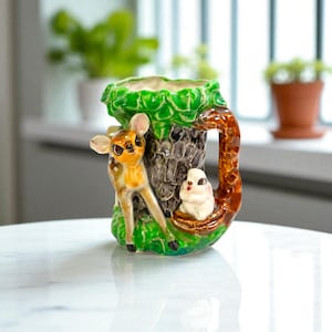 Vintage Mid-Century Deer & Rabbit Ceramic Mug | Whimsical Hand-Painted Bambi Style Planter or Vase