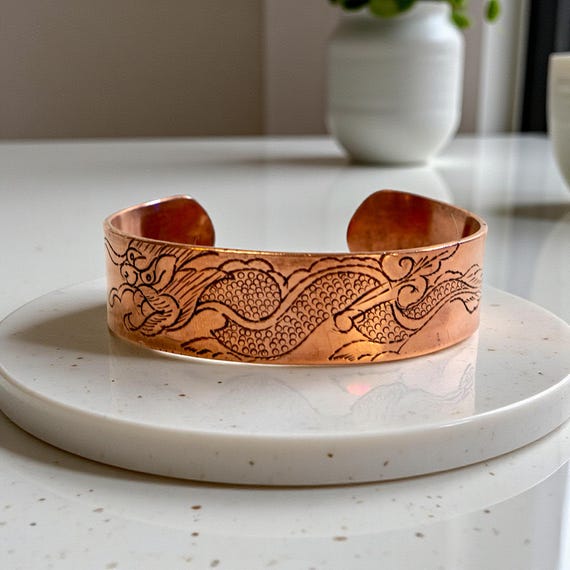 Copper Dragon Cuff Bracelet – Adjustable Engraved… - image 1
