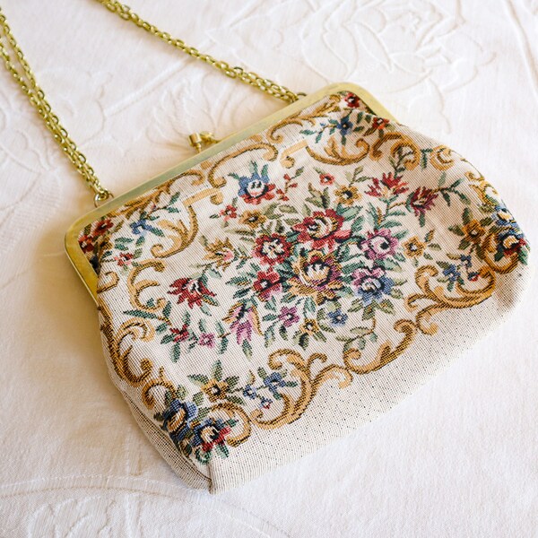 Vintage Floral Tapestry Purse, Mid Century Tapestry Evening Bag