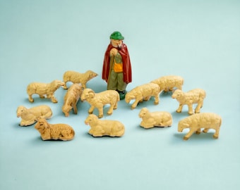 Vintage Antique Shepherd with Flock of Sheep Figurines