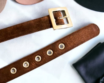 Vintage Suede Leather Belt | Dark Brown with Silver Buckle | Size Medium