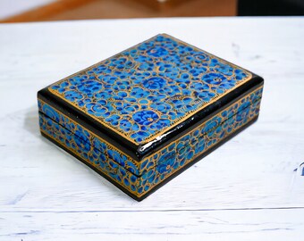 Authentic Kashmir Lacquered Paper Mache Trinket Box | Hand Painted Blue Black Gold | Vintage Indian Folk Art