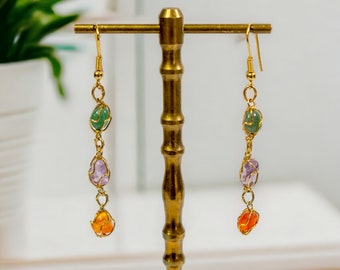 Wire Wrapped Polished Agate Crystal Stone Pierced Earrings | Vintage Gold Tone Dangle Earrings