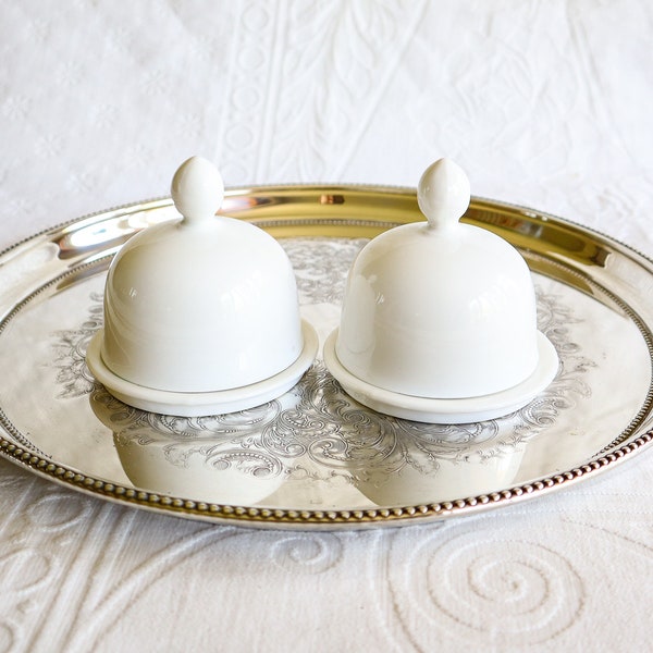 2 Mini Ceramic Cloche Dome and Tray | Vintage Bell Jars | Candle Holders