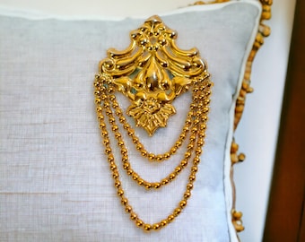 Ornate Gold Tone Chatelaine Brooch | Vintage Costume Jewelry Pin