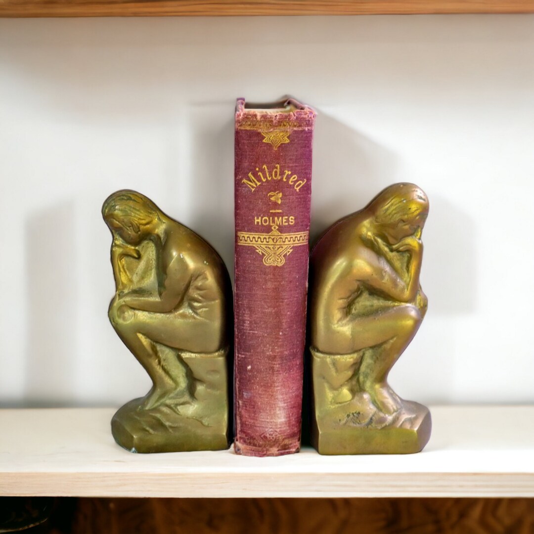 Vintage the Thinker Bookends Small Brass Coated Plaster Book Ends Etsy