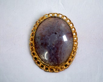 Vintage Polished Agate Brooch Pendant | Mid Century Gold Tone Oval Stone Pin