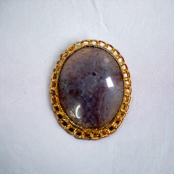 Vintage Polished Agate Brooch Pendant | Mid Century Gold Tone Oval Stone Pin