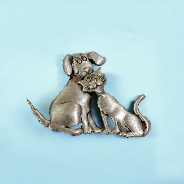 Signed J.J. Pewter Cat and Dog Brooch | Vintage Silver Metal Pet Pin