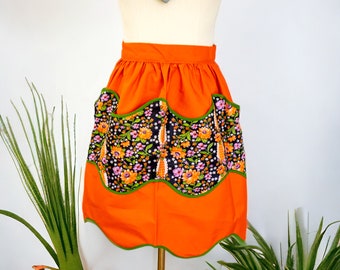 Vintage Handmade Apron | Retro Orange and Green Floral Half Apron