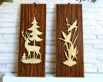 Vintage German Nature Plaques Wall Hangings | Faux Wood and Plastic