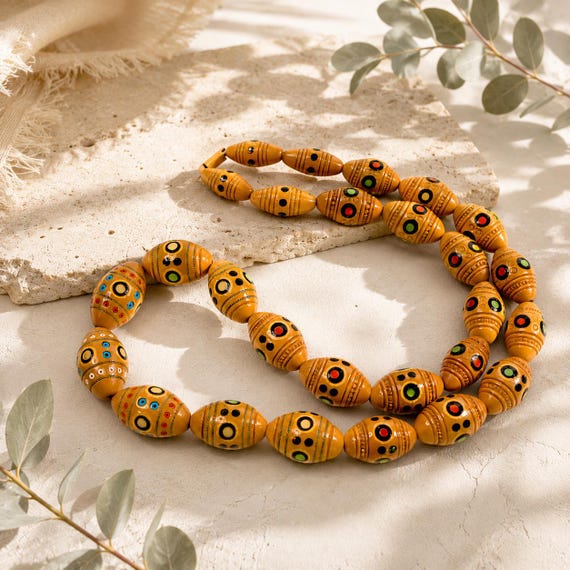 Handmade Polish Folk Art Wood Bead Necklace Hand Painted Inlaid Glass Beads 26 Inch