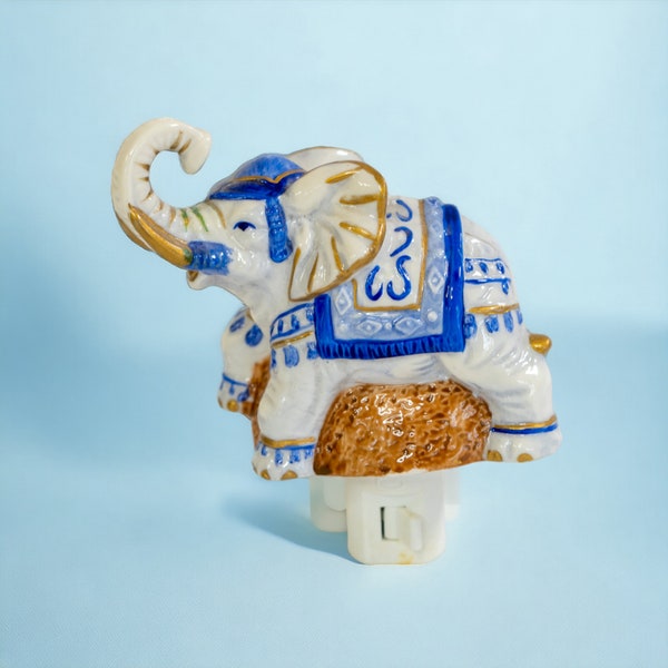 Elephant Night Light | Blue and White Ceramic Outlet Lamp