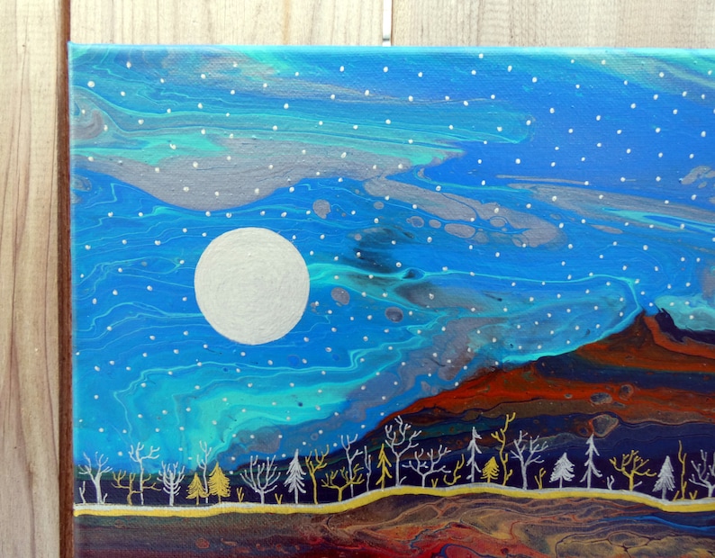 LUNA SILVER ~ Embellished Original Fluid Art Acrylic Painting on Canvas Paint Pour Abstract 12x16