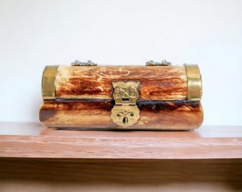 Vintage Handmade Bone Brass Wood Trinket | Mini Treasure Box | Ring Box