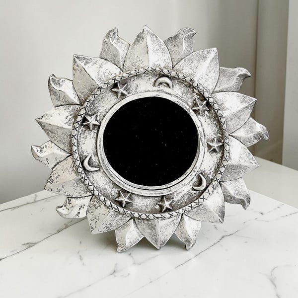 Vintage Celestial Sun Moon Wall Mirror, Silver Resin Starburst Decor