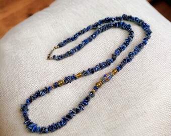Vintage Sodalite Stone Chip and Brass Cloisonne Bead Beaded Necklace