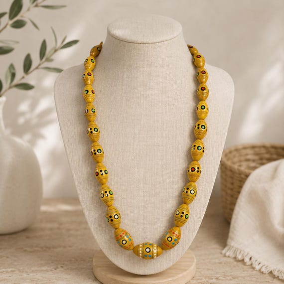 Handmade Polish Folk Art Wood Bead Necklace Hand Painted Inlaid Glass Beads 26 Inch View 2