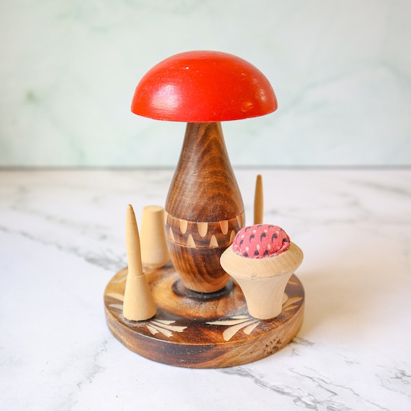 Vintage Pin Cushion Thread Holder | Carved and Painted Wood Mushroom | Handmade Polish Folk Art