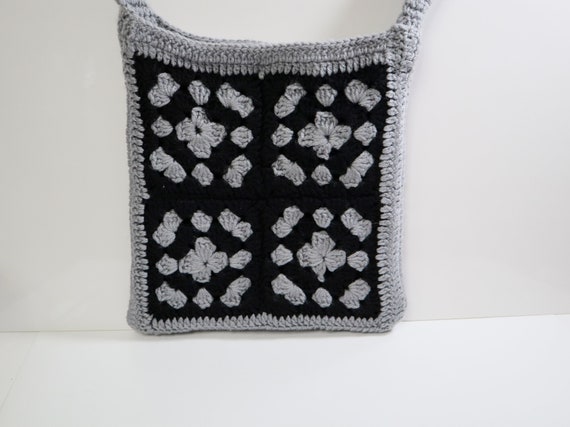 Vintage Crocheted Granny Square Tote Bag | Grey G… - image 2