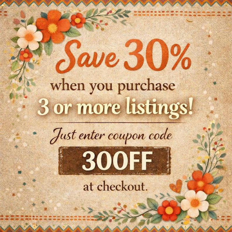 以下が含まれることがあります： ベージュ色の背景に、オレンジ色の文字で「Save 30%」と書かれたプロモーション画像。3つ以上の商品を購入し、チェックアウト時にクーポンコード「300FF」を入力するよう促すテキスト。花の装飾がテキストを囲んでいます。