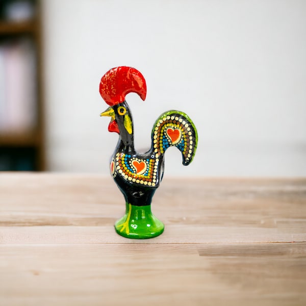 Portuguese Good Luck Rooster | Vintage Toleware Chicken | 3 3/4 inch Painted Metal Folk Art