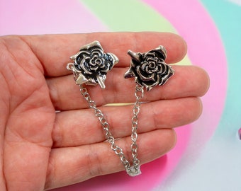 Vintage Rose Flower Sweater Clips | Chain Sweater Guard | Silver Metal Shirt Collar Clips