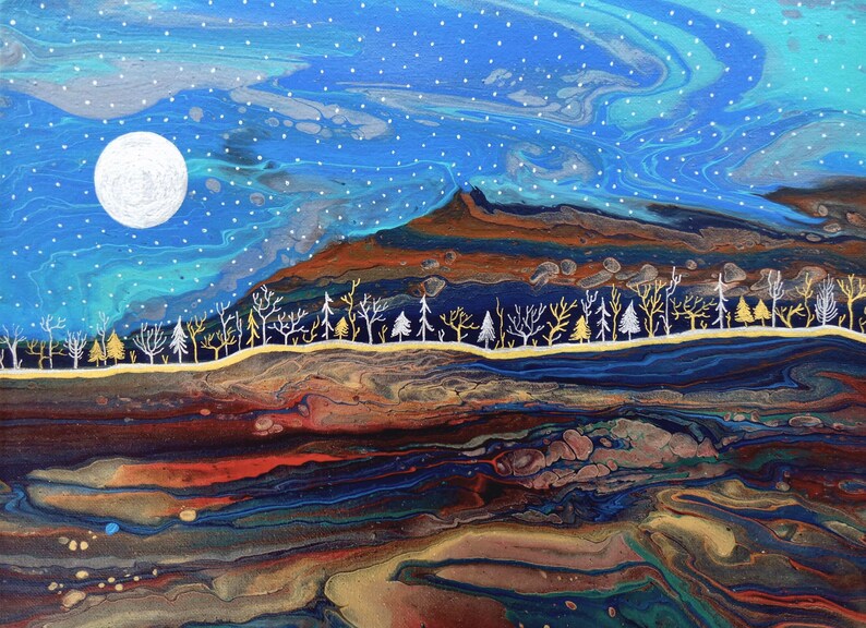 LUNA SILVER ~ Embellished Original Fluid Art Acrylic Painting on Canvas Paint Pour Abstract 12x16