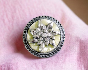 Vintage Scarf Clip | Western Germany Celluloid Silver Metal Edelweiss Flower Scarf Clip