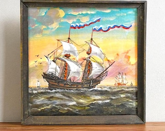 Vintage Clipper Ship Oil Painting, Nautical Seascape, Framed Maritime Art
