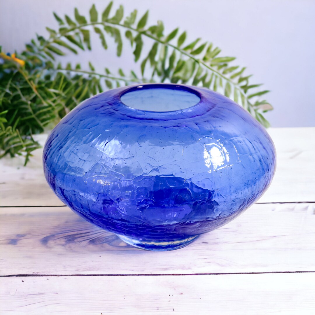 Handmade Blue Crackle Glass Vase Vintage Hand Blown Art Glass Round