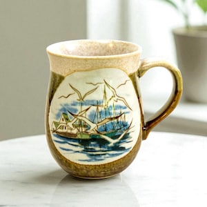 Stoneware Lighthouse Seaside Mug – Hand-Painted Coastal Pottery (10 oz)