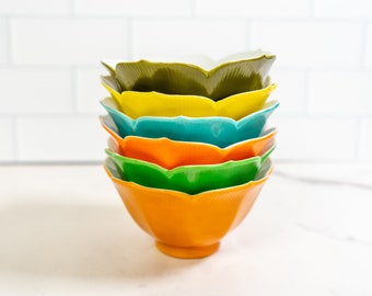 Small Colorful Lotus Flower Bowls | Vintage Ceramic Japanese Rice Bowls