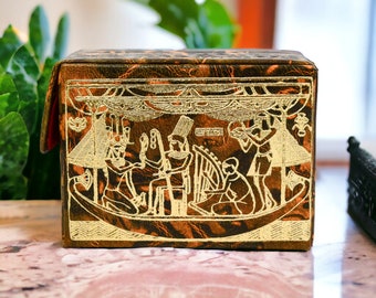 Egyptian Leather Playing Card Deck Box Holder Case | Embossed Gold Gilt Camel Leather