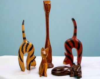 Carved Wood Cat Figurines | Folk Art Wooden Cat Collection