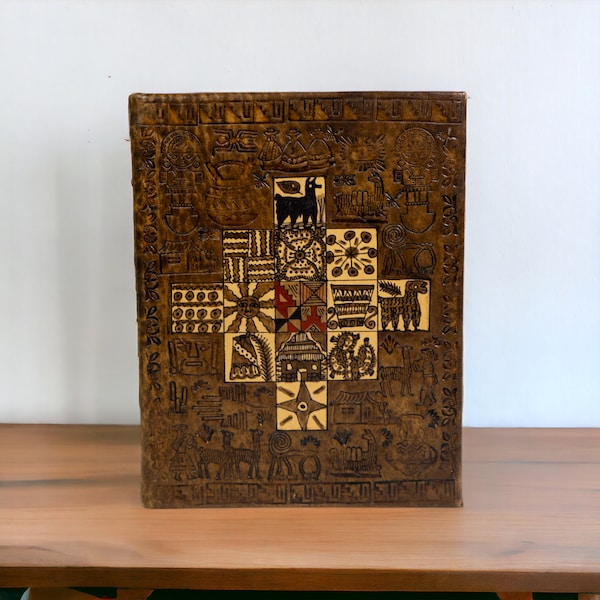 Vintage Tooled Leather Covered Photo Album Book | Handmade Peruvian Central America Aztec