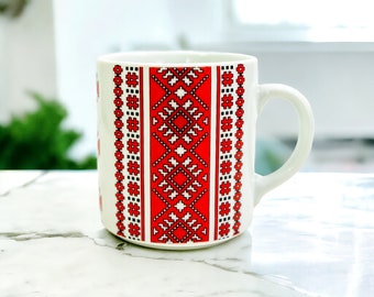 White and Red Bavaria Mug Coffee Cup | Vintage Ukrainian Embroidery Design Ceramics